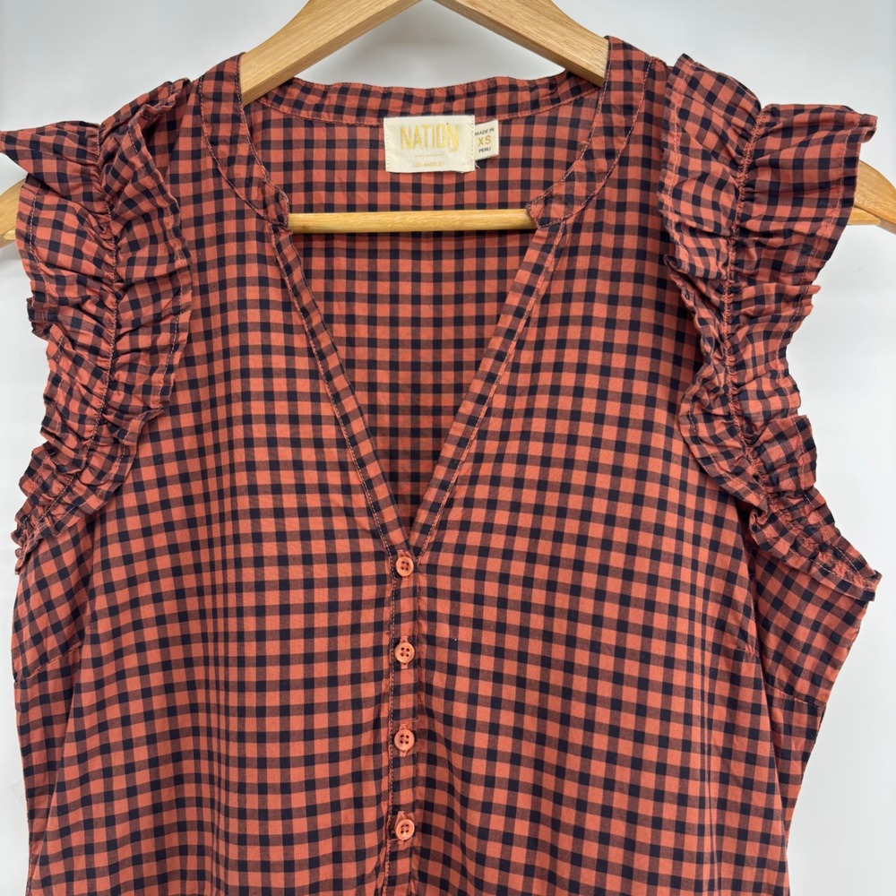 Nation LTD Tegan Ruffle Sleeve Mini Dress V‎ Neck Button Front Coral XS Pockets - Picture 5 of 12